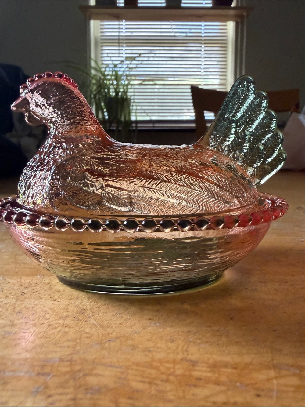 Glass Hen on Nest Candy Dish - Pink and Green